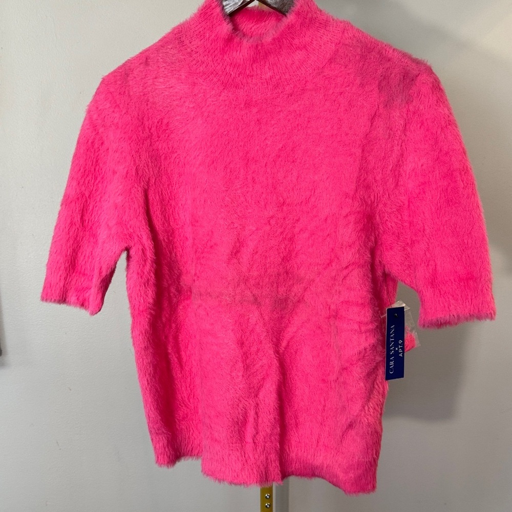 Apt. 9 & Cara Santana Hot Pink Fuzzy Mock Neck Short-Sleeve Sweater NWT L